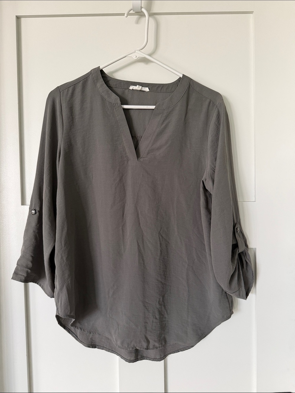 Maurices Olive Green V-Slit Roll-Tab Sleeve Blouse